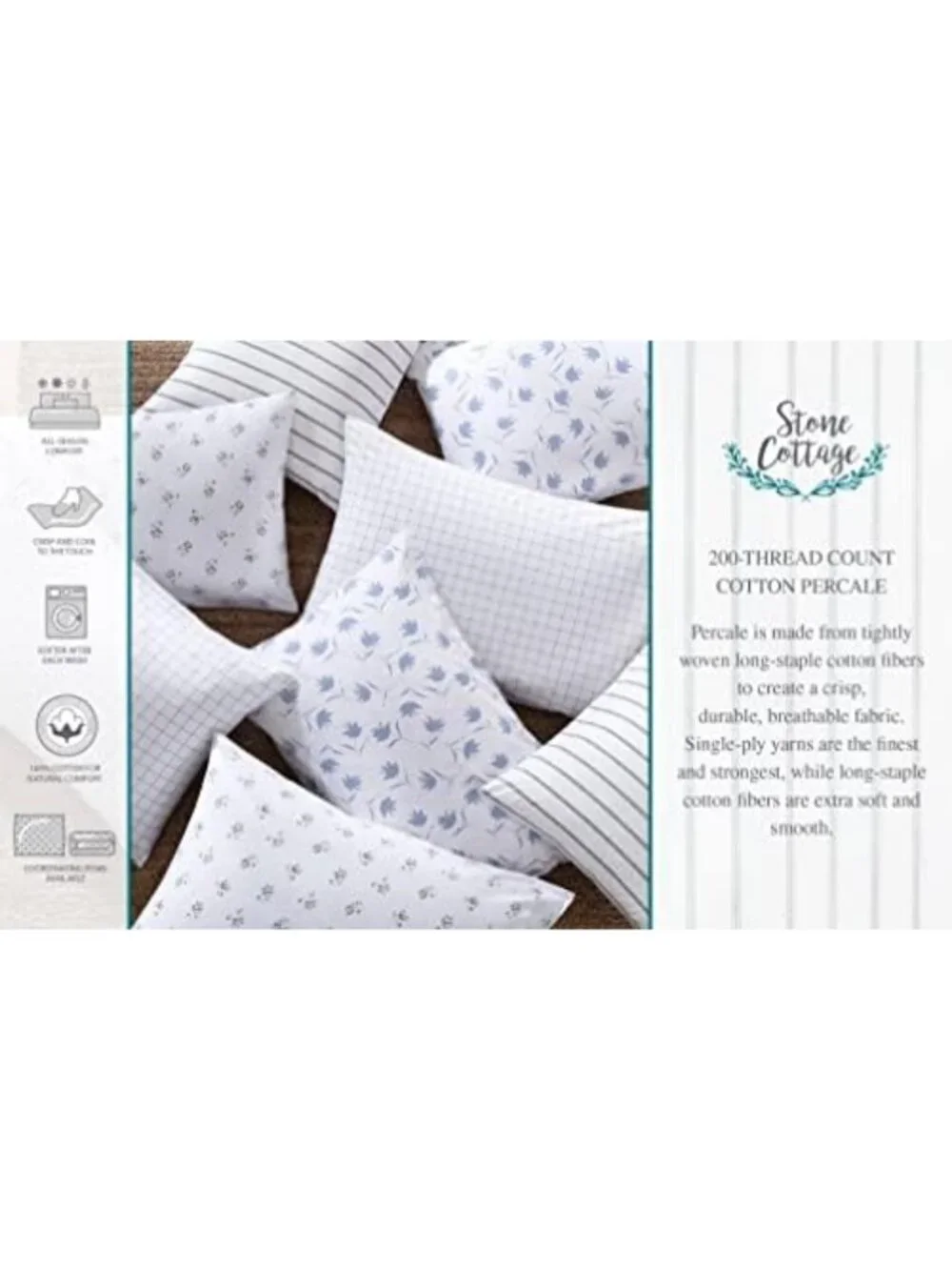 Queen Size Crisp Percale Cotton Sheet Set with Deep Pockets & Floral Pillowcases